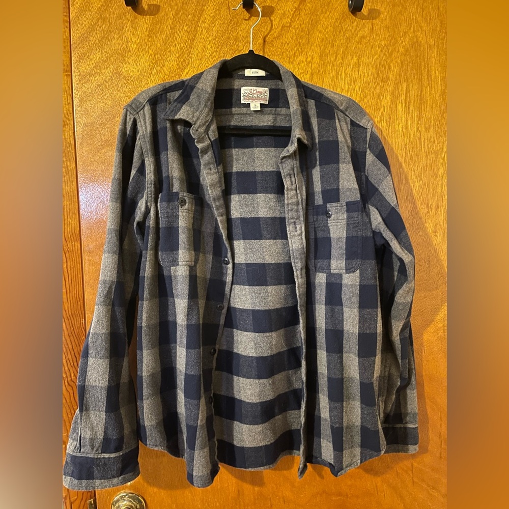 J. Crew flannel size large blue and grey, lightly worn.